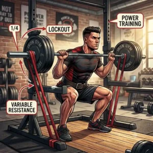 A diagram showing a powerlifter executing a resistance band barbell bench press to improve lockout strength.
