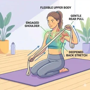 Graphic illustration showing a rear shoulder mobility exercise using a heavy-duty stretching rope.