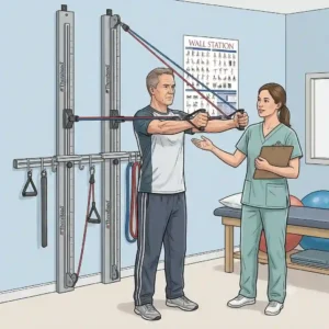 A patient performing chest presses using a theraband wall station for upper body training.