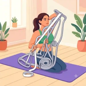 A yoga practitioner using a stretching exercise strap to improve shoulder flexibility and alignment during a pose.