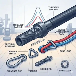 An exploded-view technical diagram of the swivel attachment mechanism on the bar for exercise bands, showing the locking pin and carabiner connection.