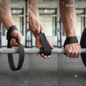 A step-by-step demonstration of how to correctly wrap the best lifting straps for weightlifting around an Olympic bar.