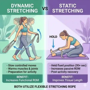 Split-screen vector illustration comparing dynamic and static flexibility exercises using a flexible stretching rope.