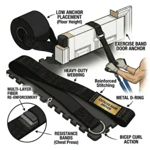 A low placement setup using an exercise band door anchor at the bottom of the door.