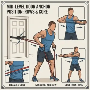 Illustration demonstrating a mid-level door attachment for resistance bands for standing rows and core rotations.