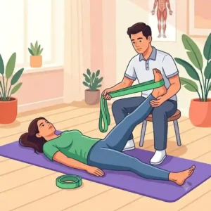 A physical therapist guiding a patient through a calf stretch using a green stretching exercise strap for injury recovery.