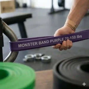 Barbell on a power rack anchored with black monster bands to provide progressive accommodating resistance during a squat workout.