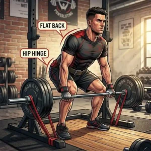 Graphic illustration of an athlete performing a resistance band barbell deadlift with perfect hip hinge form.