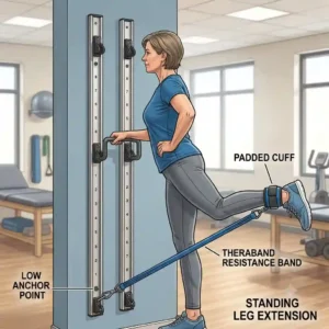 A person performing standing leg extensions using a theraband wall station for lower body rehab.
