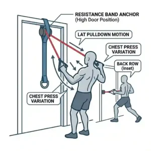 An illustration of high-angle chest presses and lat pulldowns using a resistance band anchor positioned at the top of a door.