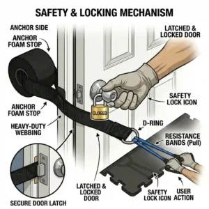 Graphic demonstrating how to safely lock the door when using an exercise band door anchor.
