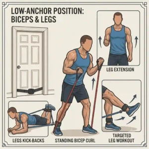 Illustration of a low-mounted door attachment for resistance bands used for bicep curls and leg kicks.