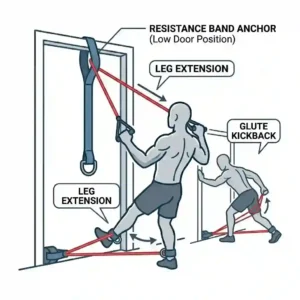 An illustration of leg extensions and glute kickbacks using a resistance band anchor secured at the bottom of a door.