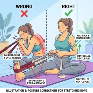 Illustration highlighting common posture mistakes and unsafe tension levels when working out with a stretching rope.