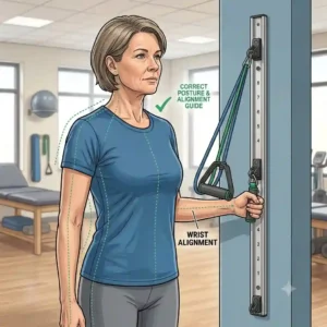A guide showing correct posture and alignment while using a theraband wall station.