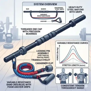 A close-up illustration of hands using the foam anchor grips from the bar for exercise bands system to secure a resistance band over the top corner of a door frame.