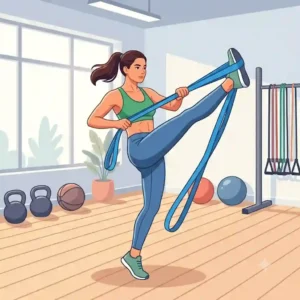 An fitness enthusiast performing a dynamic leg warm-up routine using an adjustable stretching exercise strap.