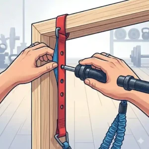 A multi-panel illustration guide showing two dynamic exercises: a squat and a lat pulldown, both performed using the heavy-duty bar for exercise bands.