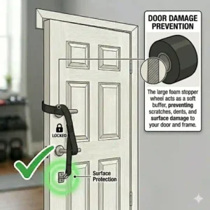 An illustration showing how the soft foam stopper of a door anchor protects the door frame.