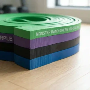 Close up view of the thick layered natural latex construction of a professional grade monster bands.