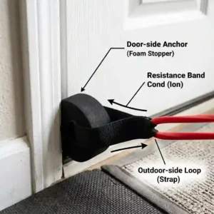 A detailed close-up illustration showing the mechanism of a resistance band anchor compressed securely between the door and the frame.