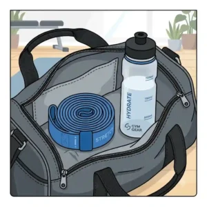 A rolled-up elastic stretching exercise strap sitting next to a water bottle in a gym bag, showcasing its portability.