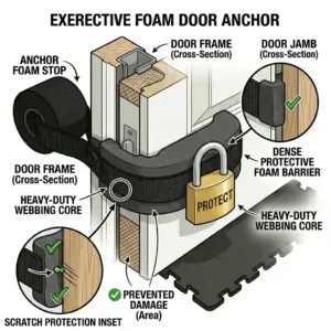 Close-up illustration of dense foam padding on an exercise band door anchor protecting the frame.