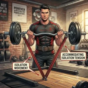 Minimalist illustration of a trainer doing a resistance band barbell overhead press for shoulder stability.