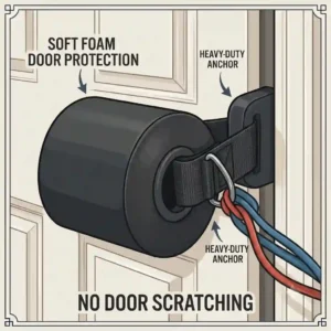 Close-up illustration of a padded foam door attachment for resistance bands designed to prevent scratching wood doors.