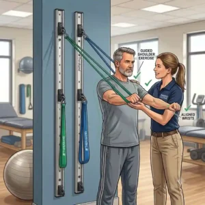 A physical therapist guiding a patient through a routine on a theraband wall station.