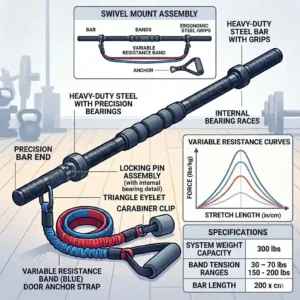 A professional technical diagram and a mathematical graph illustrating the increasing resistance curve and force output of the red and blue bands used with the bar for exercise bands.