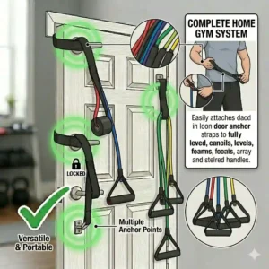 A full home gym illustration featuring a door anchor connected to multiple resistance bands.