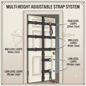 Illustration of an adjustable multi-loop door attachment for resistance bands spanning the full height of a door.