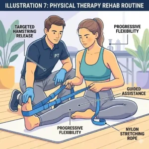 Medical vector illustration showcasing a physical therapy patient rebuilding range of motion with a nylon stretching rope.
