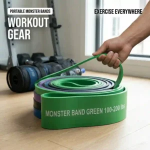 Rolled up heavy resistance monster bands inside a gym bag showcasing portable workout equipment for travel fitness.