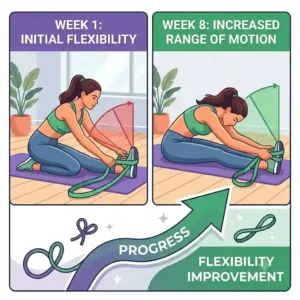 Split graphic demonstrating improved range of motion and deeper stretch reach over time using a stretching exercise strap regularly.