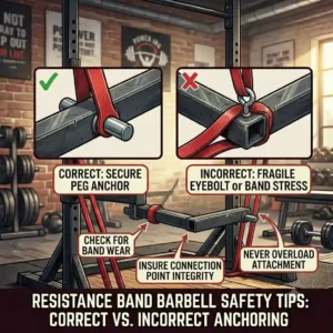 An infographic showing correct versus incorrect ways to secure a resistance band barbell to prevent accidents.