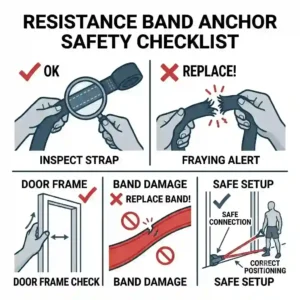A safety graphic illustrating how to check a resistance band anchor for fraying or damage before starting an exercise routine.