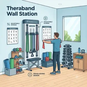A compact, space-saving theraband wall station set up in a modern home gym.