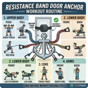 Full-body home workout routine infographic featuring an exercise band door anchor.