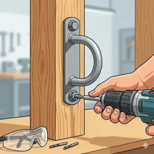 A step-by-step diagram illustrating the process of how to install a heavy-duty resistance band wall anchor into a wooden stud.