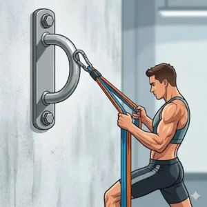 An illustrative guide demonstrating a user performing downward pulling exercises using a high-mounted resistance band wall anchor.