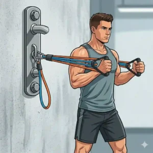 A detailed illustration showing a person performing chest presses and core rotations utilizing a mid-height resistance band wall anchor.