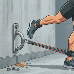 An illustrative example of a fitness enthusiast performing seated rows and leg kickbacks using a low-mounted resistance band wall anchor.