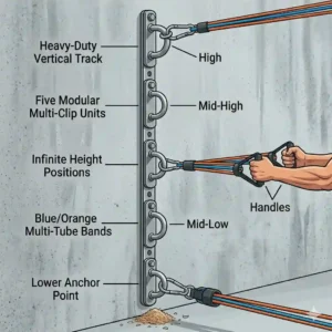An illustration showcasing a comprehensive home gym setup with a multi-height, adjustable track resistance band wall anchor system.