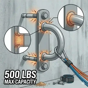 A schematic illustration highlighting the solid steel construction and reinforced welding of a heavy-duty resistance band wall anchor.