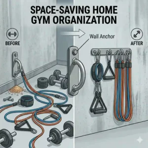 An illustration contrasting a messy workout space with a neat, space-saving home gym organized by a resistance band wall anchor.