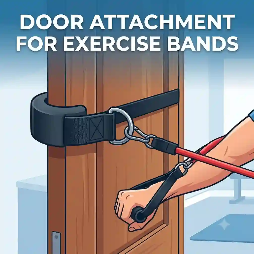 A person doing a lat pulldown workout using a heavy-duty door attachment for exercise bands anchored at the top of a closed home door.