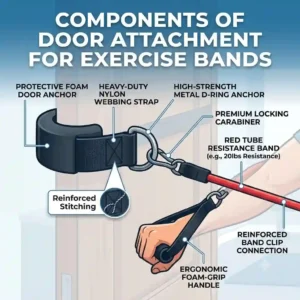 Labeled diagram showing the components of a premium door attachment for exercise bands, including the foam anchor and metal D-ring.