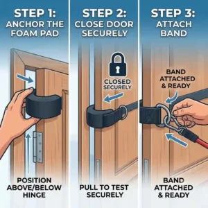 Step-by-step illustration guide showing how to safely install a door attachment for exercise bands on a standard home door frame.